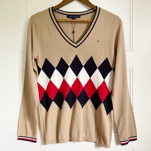 NWT Tommy Hilfiger Argyle V Neck Sweater Small - Picture 1 of 6